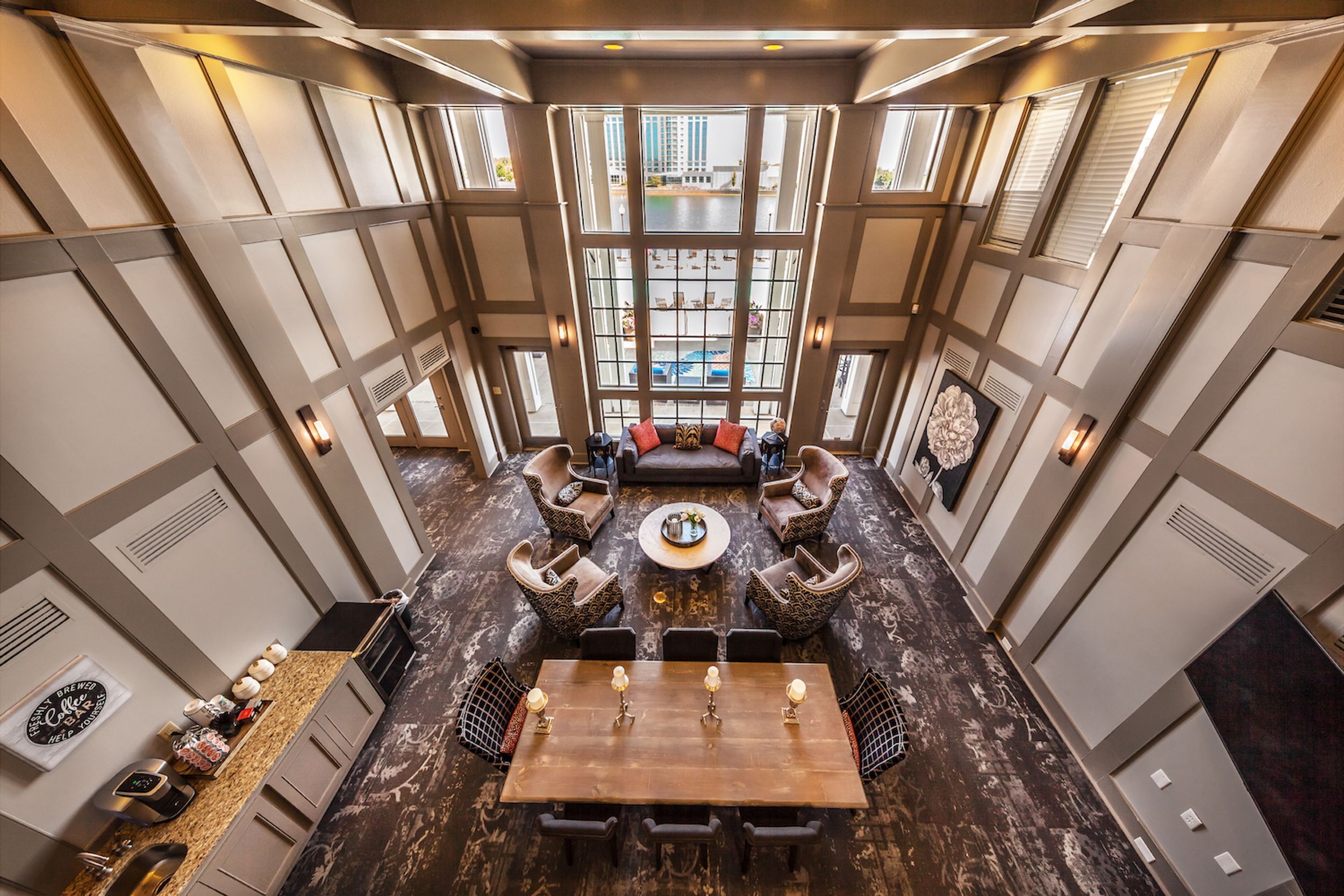 View from overlook of lobby and coffee bar