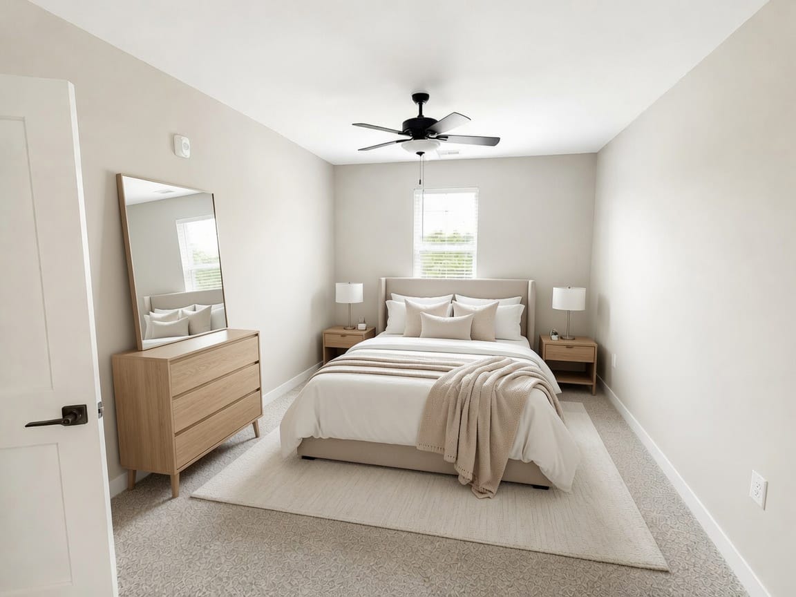 bedroom with dresser and bed with nightstands