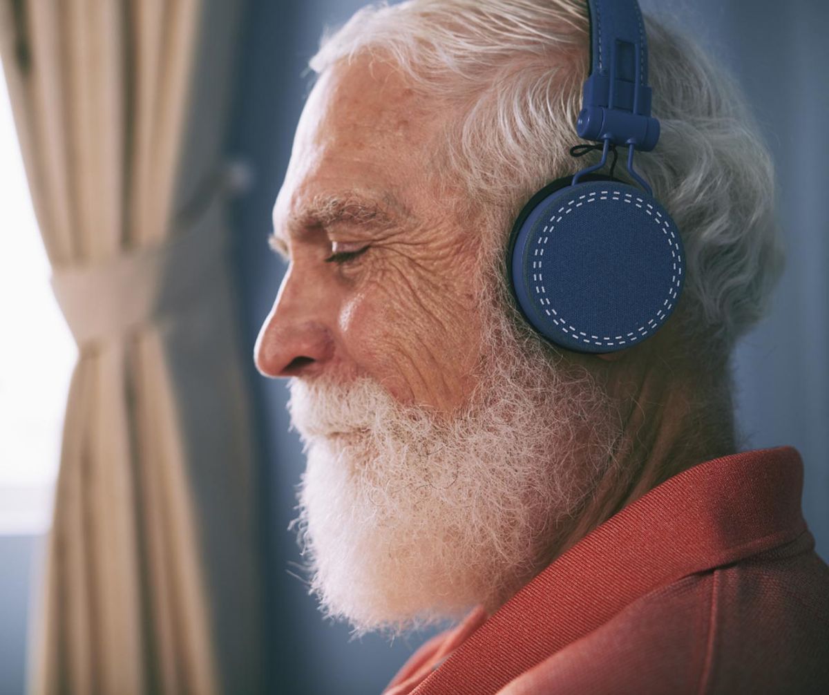 senior wearing headphones
