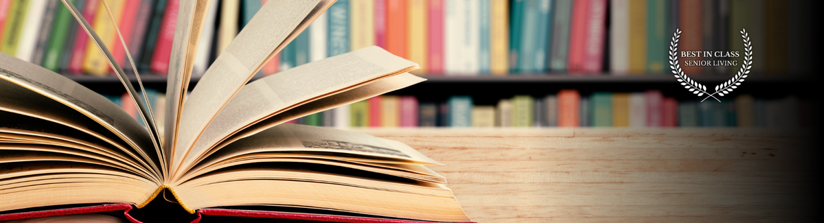 book open with library in background