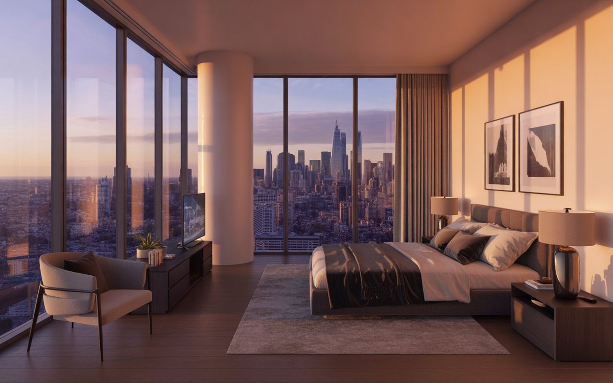 apartment bedroom overlooking city