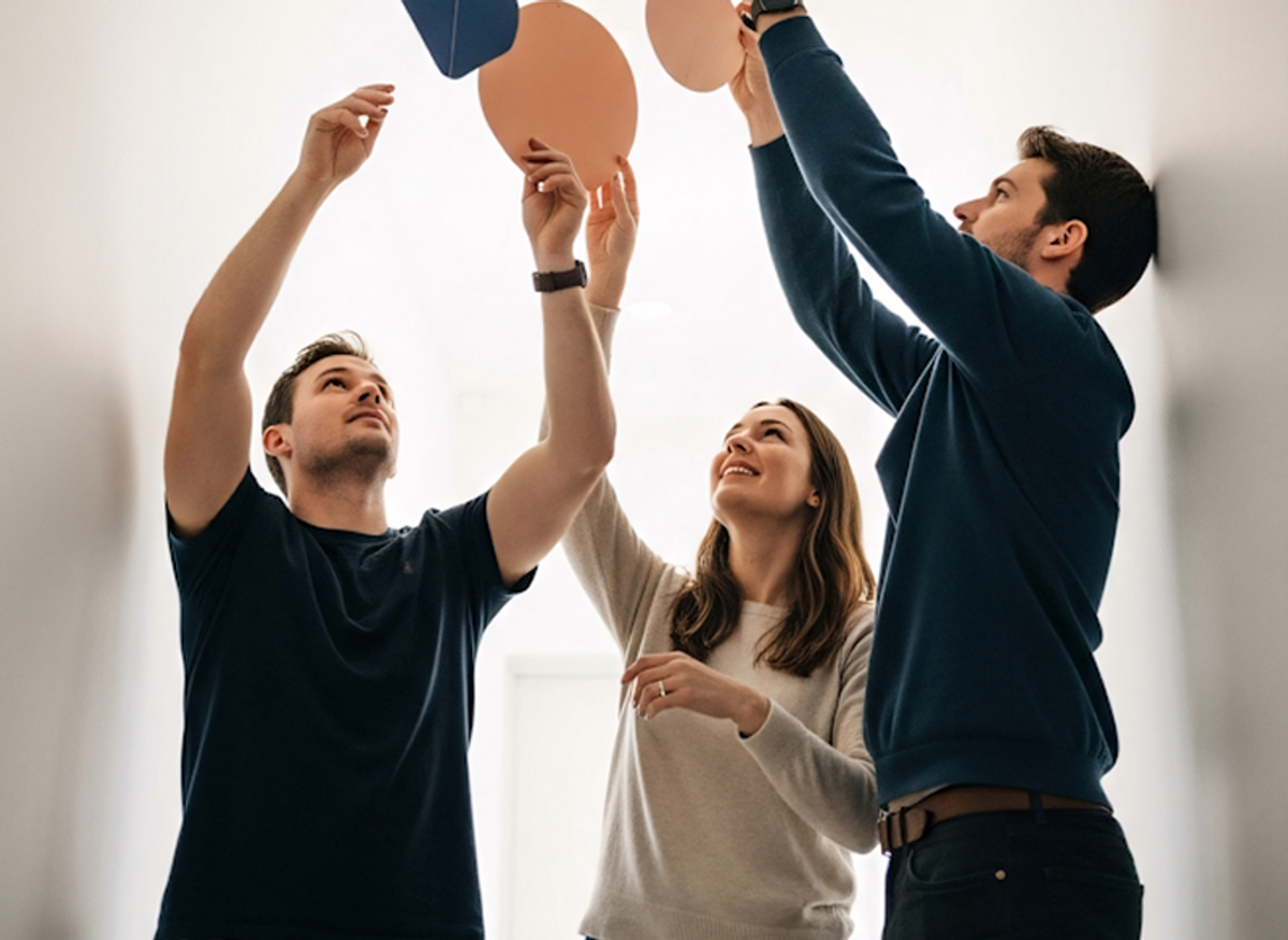 Team members happily working together