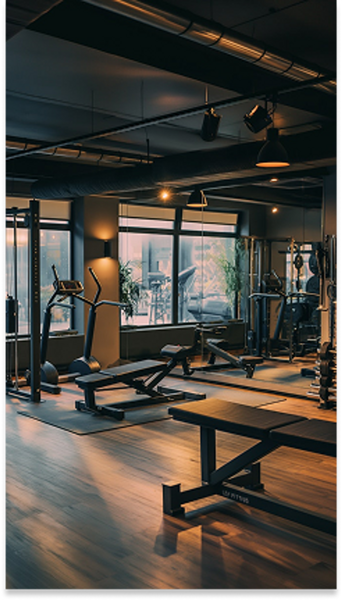 Fitness center with modern equipment including treadmills and free weights.