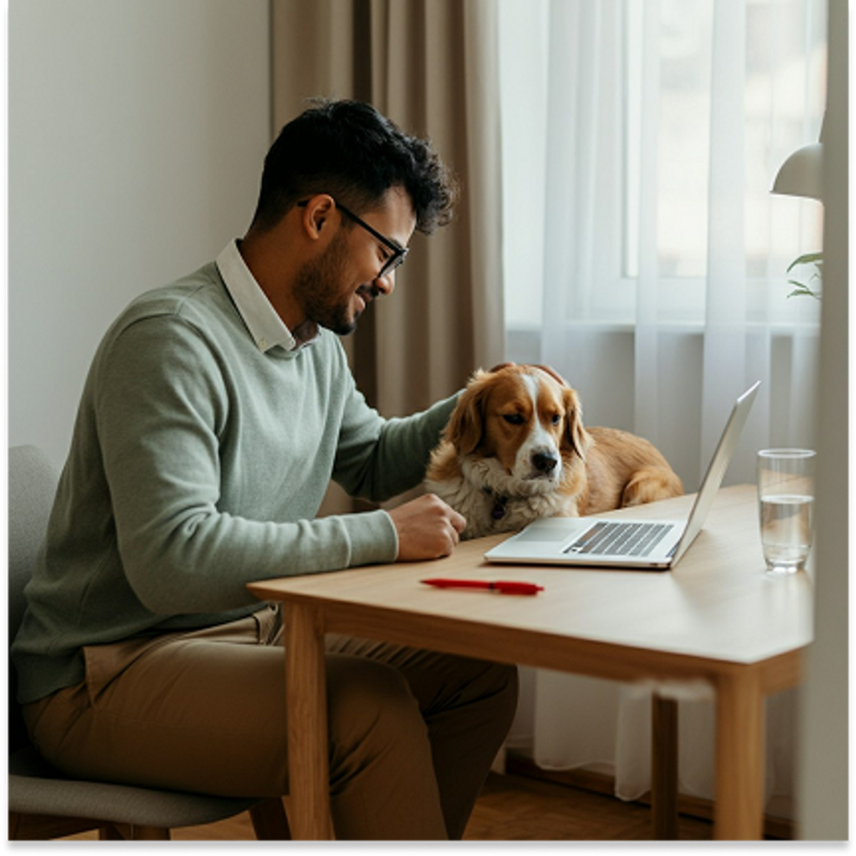 man and dog at table with computer