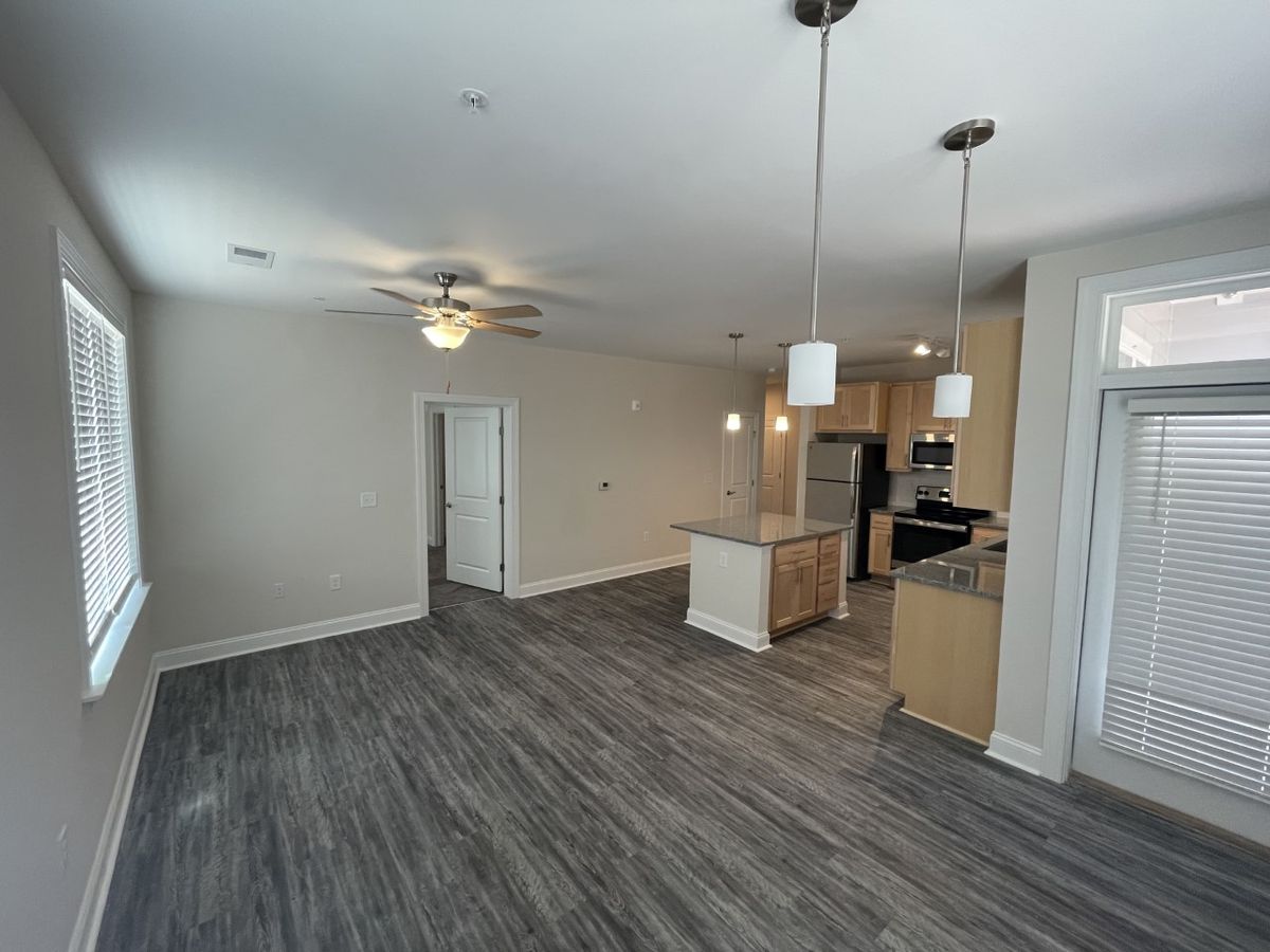 B2 floorplan has a large living dining area. These corner apartments offer a patio off of the dining area. 