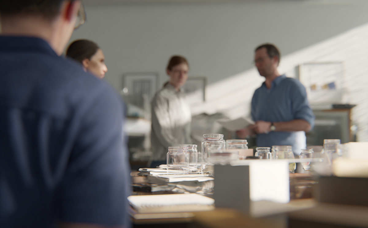 People in a room with a table set