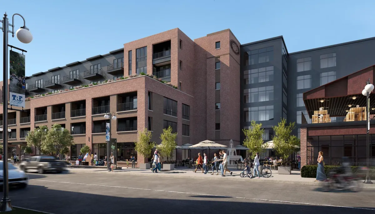 Exterior building rendering with a lively atmosphere