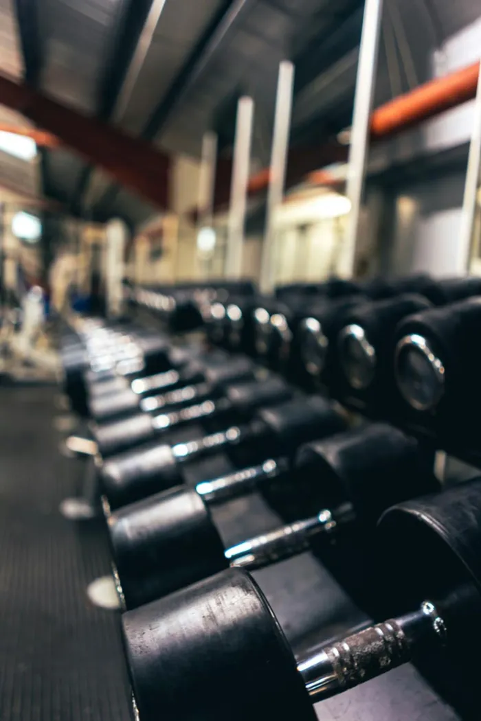 barbells on a rack
